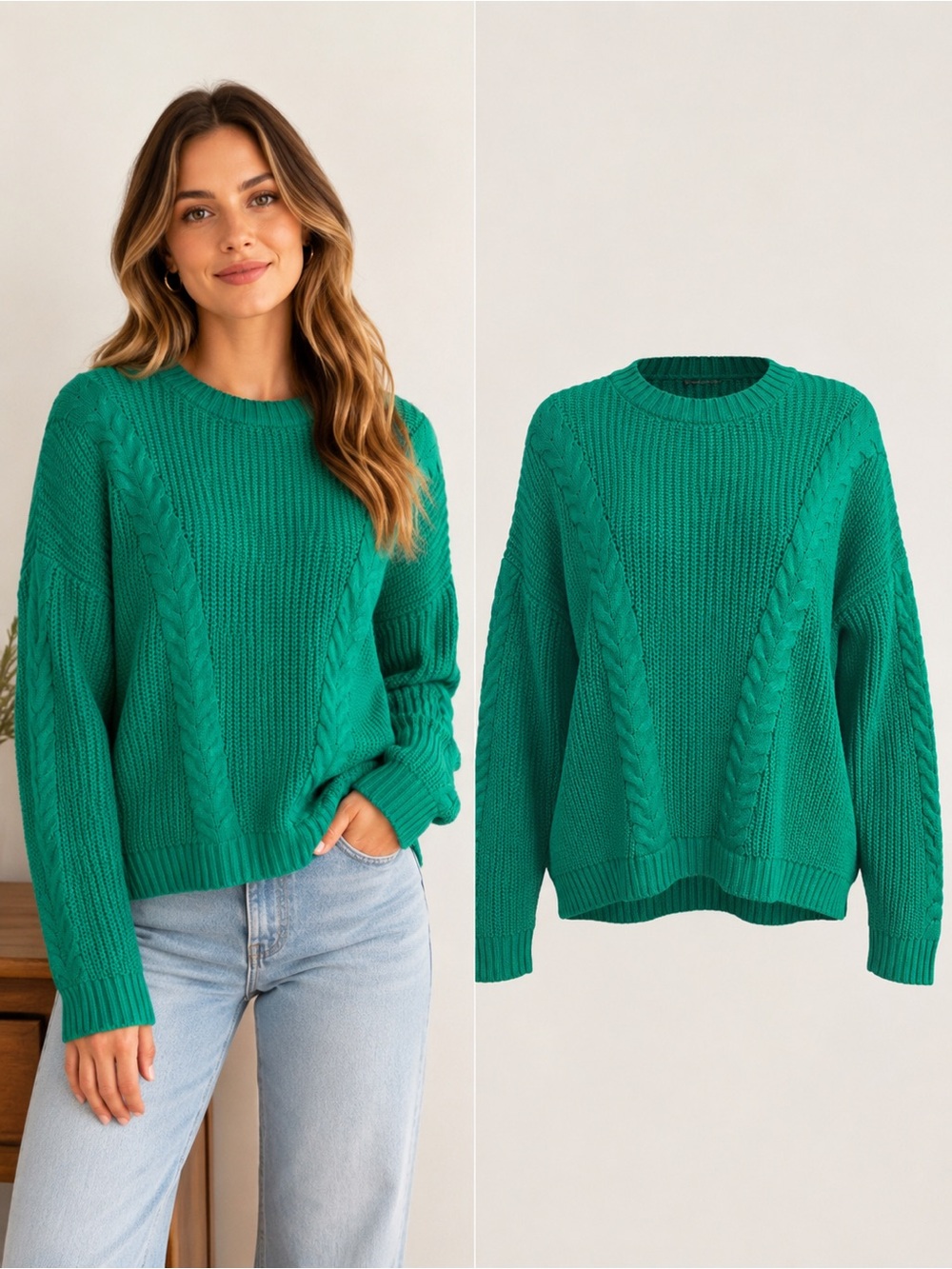 Hazel Haze | Cable Knit Sweater XL Green Cotton Blend Chunky Knit Oversized Cozy